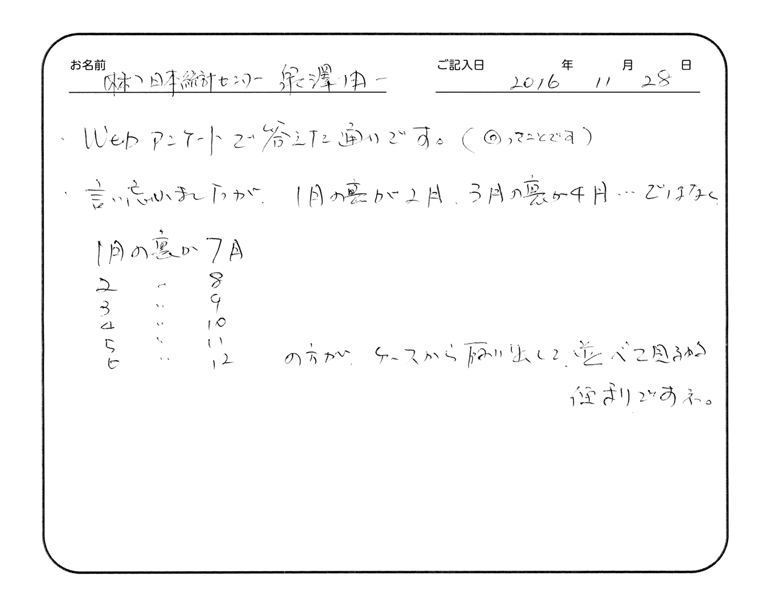 Webアンケートで答えた通りです。(◎ってことです)
言い忘れましたが、1月の裏が2月、3月の裏が4月…ではなく、1月の裏が7月、2月の裏が8月…の方が、ケースから取り出して並べて見えて便利ですネ。